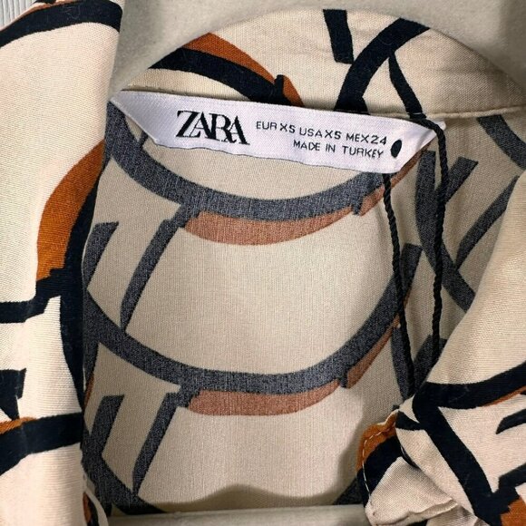 2/$30 Zara Beige Retro Print Overzised Collared Shirt Blouse Button Pockets XS - Picture 10 of 13